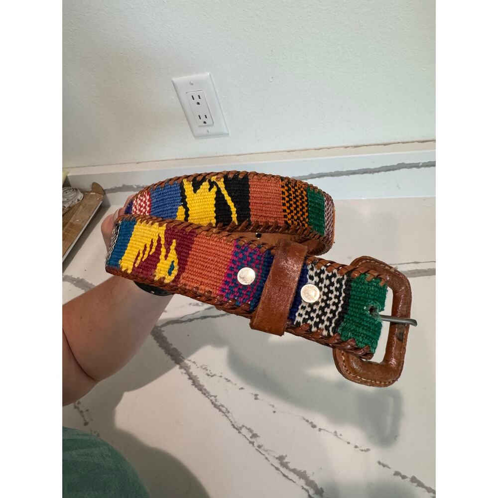 Multicolor Patterned Belt With Brown Leather Acce… - image 2